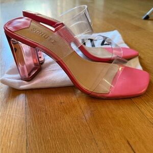 SCHUTZ Pink and Clear Block Heel Sandals